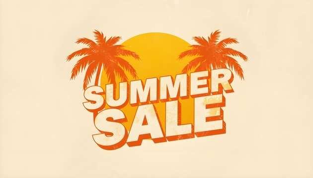 A vibrant summer sale advertisement with palm trees and a sunny background