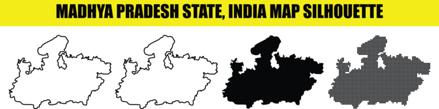 Madhya pradesh state india map silhouette collection simple shape outline solid black and halftone dotted style vector illustration