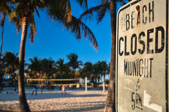 Beach closed sign with palm trees