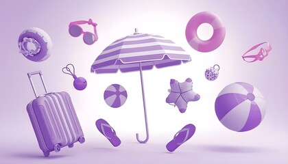 A collection of purple beach and travel items floating in mid-air, including a suitcase, umbrella, and inflatables.