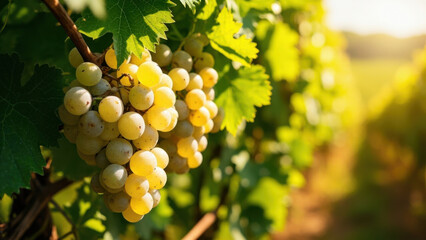Fototapeta premium Close-up of ripe white grapes hanging on a vine in a sun-drenched vineyard