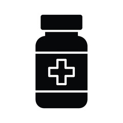 Fototapeta premium Black and white medical bottle icon with cross symbol
