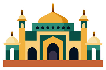A vibrant illustration of a mosque with yellow and green domes and minarets on a white background