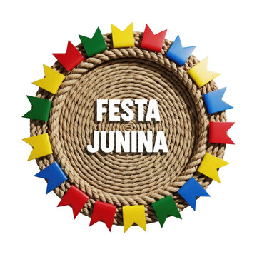 Perfectly circular raffia mat frame with twisted manila rope border, decorated with vibrant colored pennants (bandeirinhas) on white studio background. Rustic brazilian festa junina concept