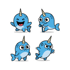 Cartoon narwhals with different emotions and expressions on white background © AzizStock