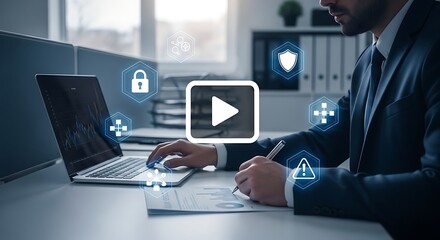 Fototapeta premium Professional Man Managing Digital Cybersecurity and Data Protection Strategy in a Modern Office Environment