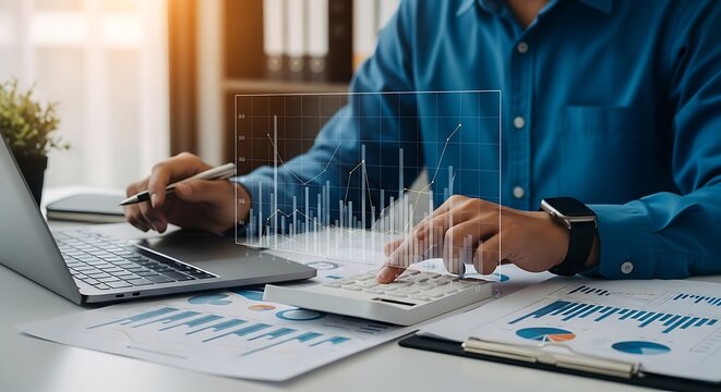 A professional businessman works diligently on his laptop at an office desk, surrounded by financial accounting documents and reports while writing notes in a notebook