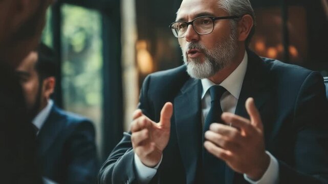 Engaged Leadership distinguished executive, clad in a tailored suit, leads a strategic discussion with his team, embodying experience and decisiveness. 