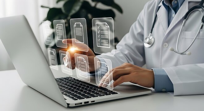 A closeup of a woman doctor&rsquo;s hands typing on a laptop keyboard at an office desk, using modern technology and internet communication for her medical work
