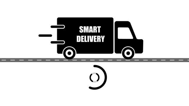 Truck icon with SMART DELIVERY text animation.Pickup truck,delivery truck and courier service icon online shopping logistics concept animation on white background.