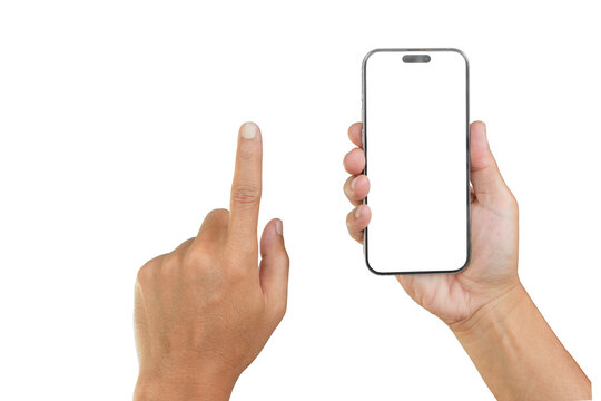 Closeup studio shot man hand touching  smartphone with blank white screen isolated on white background for mobile phone ui app or advertising agency, website design in hands front view.
