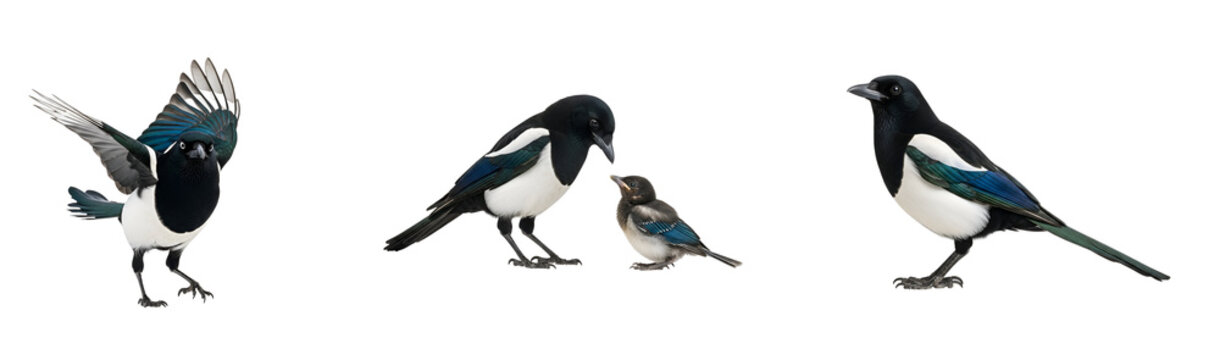 Four magpies and a small bird standing and flying on transparent background