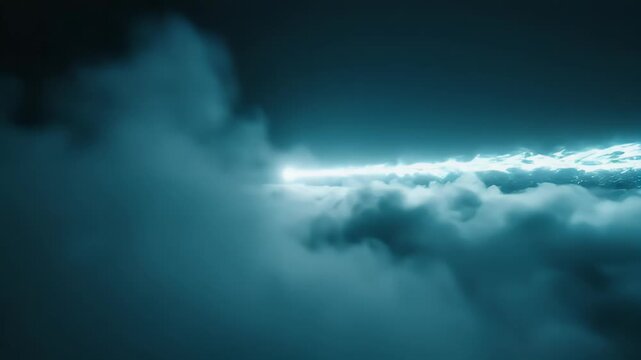 A bright beam of light cuts through dark, ethereal clouds