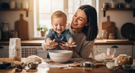 Warmth of Home Baking: A tender moment unfolds as a mother and her baby son share the joy of baking in a sunlit kitchen, creating sweet memories.