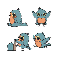 Obraz premium Cartoon bluebirds set with different actions and expressions on white background