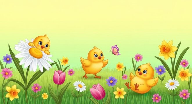 Whimsical Chicks: Three cheerful chicks frolic in a vibrant spring garden, surrounded by colorful blossoms and a fluttering butterfly, evoking feelings of joy and renewal.