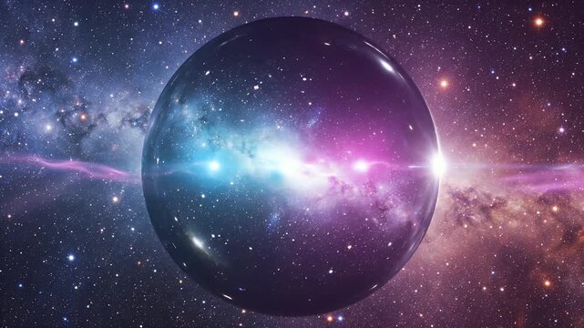 A cosmic scene, a dark sphere with a nebula-like center is bisected by a bright beam of energy
