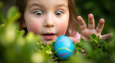 Enchanting Discovery: A young girl's eyes widen with pure amazement as she beholds a vibrant blue easter egg amidst lush greenery, a moment of childhood wonder captured in exquisite detail.