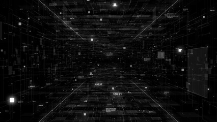 Abstract digital cyberspace tunnel with big data flow, glowing numbers and network lines. Futuristic technology background for AI, blockchain, data analytics, cybersecurity concepts. 3d rendering