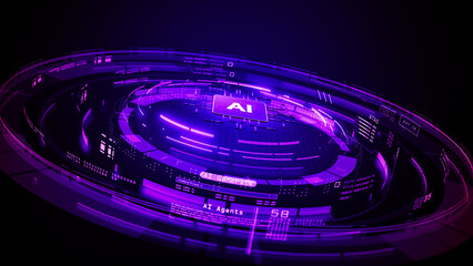 Neon purple AI platform with glowing digital interface and data network connections. Futuristic artificial intelligence, machine learning, and high-tech innovation background. 3d rendering