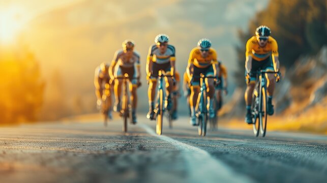 Group of competitive road cyclists riding fast on mountain highway during golden sunset, capturing teamwork, speed, and endurance.