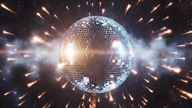 A disco ball explodes with light and energy in a starry cosmic expanse
