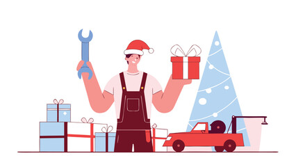 Male worker in Santa hat holds wrench and gift, standing by Christmas tree, red car, and stacked presents.
