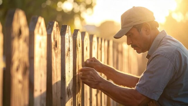Mature man repairing a wooden fence at golden hour, showcasing diligent work