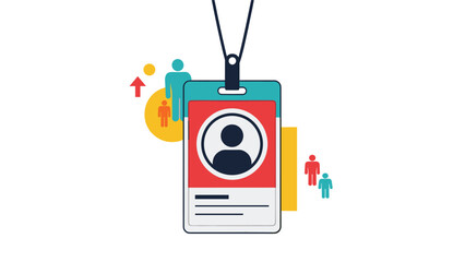 Identification badge with a person icon hanging on a lanyard with colorful human figures and business growth icons in the background.