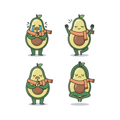 Cartoon Avocado Characters Showing Different Emotions and Actions