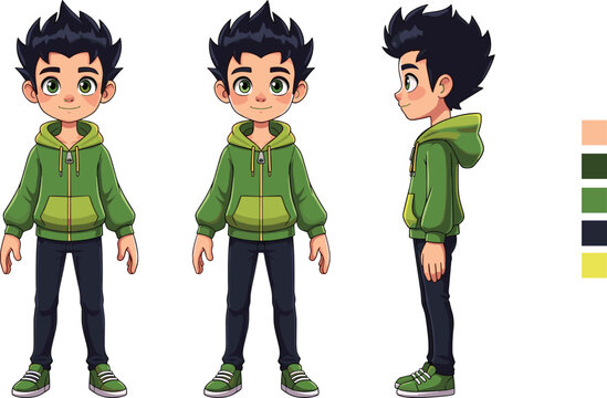 Cartoon Boy Character Design Featuring Green Hoodie, Dark Pants, Sneakers, and Color Palette Depicted in Front, Side, and Three-Quarter Views