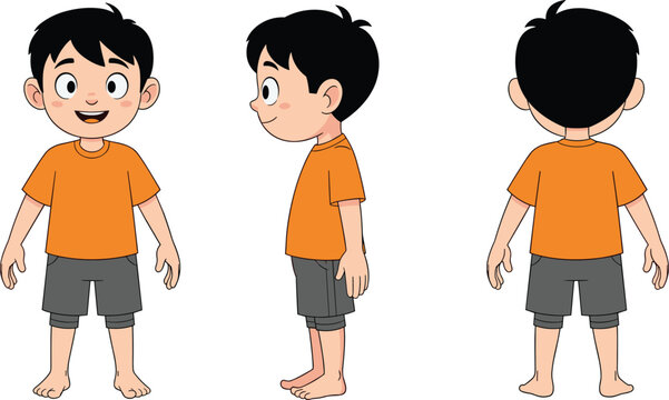 Vector illustration of cartoon boy character turnaround sheet with casual clothing, multiple views, animation design reference decorative motifs