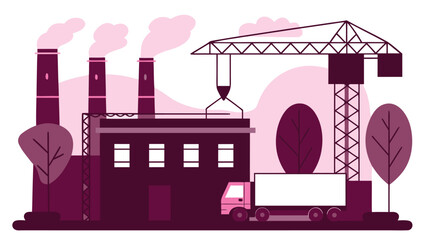 Flat graphic illustration of an industrial plant with smokestacks emitting smoke, trees, a building, a crane, and a truck.