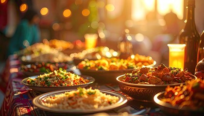 Naklejka premium Abundant Buffet Spread of Delicious Food in Warm Golden Hour Light