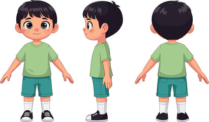 Fototapeta premium Vector illustration of young boy in casual outfit with shirt, shorts, sneakers, multiple turnaround views, character design motifs 