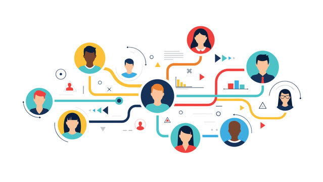 Complex professional network connects experts from various backgrounds through a digital platform with integrated data analysis and growth metrics.