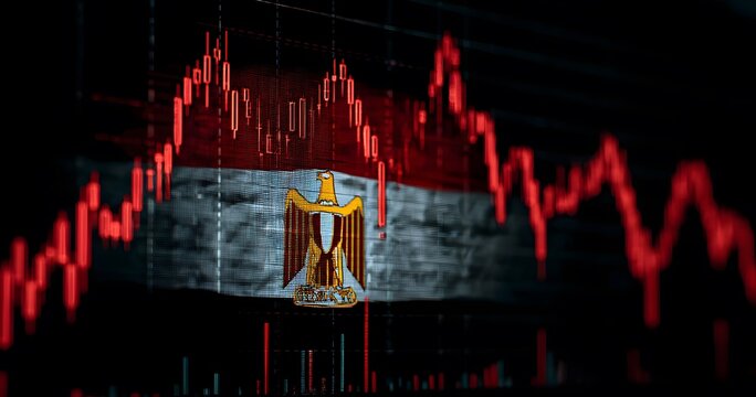 Egypt flag with falling stock market chart representing economic crisis and inflation impact on egyptian economy showing financial struggle and currency devaluation in middle eastern markets