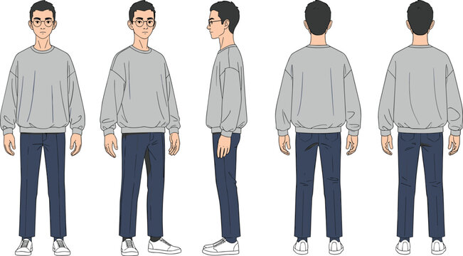 Vector illustration of male character turnaround sheet with glasses, casual clothing, multiple views, animation design reference decorative motifs