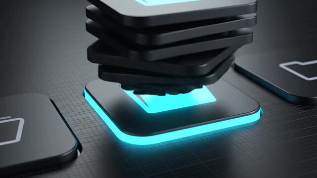 A stack of black cards with a glowing blue outline hovering above a dark surface, highlighting a futuristic technology concept from a close-up viewpoint