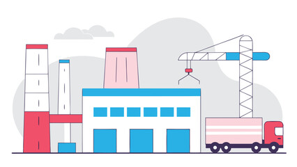 Flat graphic illustration of a manufacturing plant featuring tall industrial structures, a factory building, a claw crane, and a truck.