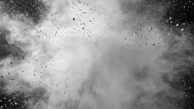 Exploding white powder puff creating a cloud with fragments against black background in slow motion