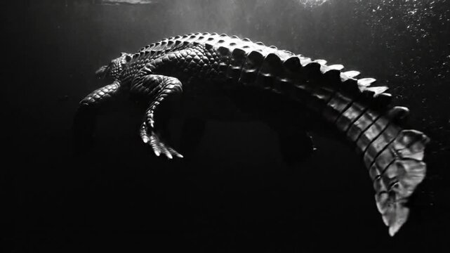 Dramatic black and white underwater shot of an alligator swimming in a dark environment creating bubbles