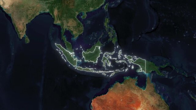 World Map to Country Zoom Animation with Glowing Border Outline Indonesia