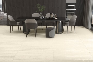 Fototapeta premium Modern dining area showcasing quartz buffet console, stone-textured flooring, elegant chairs, and layered lighting decor, beige wooden flooring. Mockup. 3D Rendering