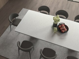 Top view dining room interior with marble tabletop, patterned wall tiles, statement chandelier, and curated decor accents. Mockup. 3D Rendering. 3D Illustrations © Jenish