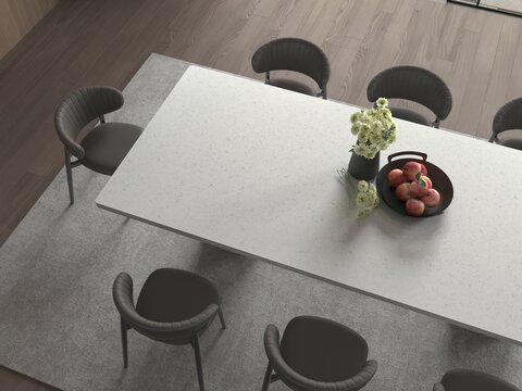 Top view dining room interior with marble tabletop, patterned wall tiles, statement chandelier, and curated decor accents. Mockup. 3D Rendering. 3D Illustrations