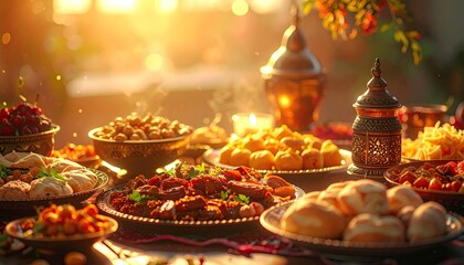 Fototapeta premium Abundant Middle Eastern food spread with lanterns and warm sunlight.