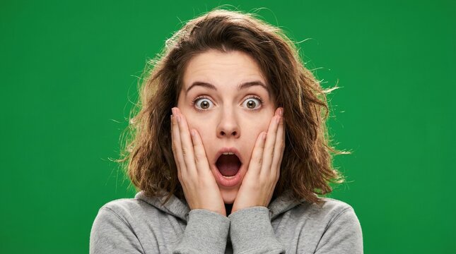 Young woman with shocked expression holding her hands to her cheeks