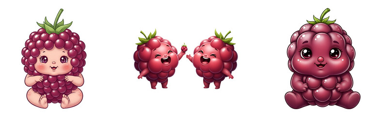 Obraz premium A group of cute cartoon raspberries and a raspberry character on transparent background