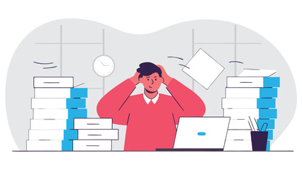Frustrated man clutching his head at a desk with a laptop, overwhelmed by excessive piles of paperwork.